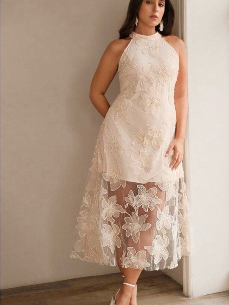 Nwt Anewsta Knitted Mesh Floral Embroidery Maxi Dress